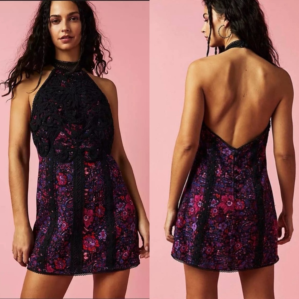 Free People Black and Pink Floral Halter Mini Dress